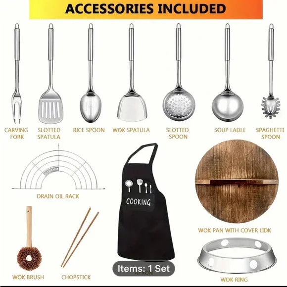 Black Hammered Wok Set with Wooden Handle - Picture 3 of 8